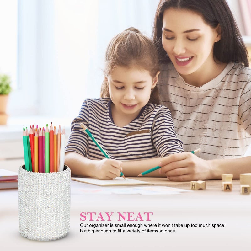 KEYPOWER Crystal Pencil Pen Pot Holder Box Bling Rhinestone Pen Organizer Holder Cosmetic Pencil Container Comb Brushes Personalized (Round) - Image 2